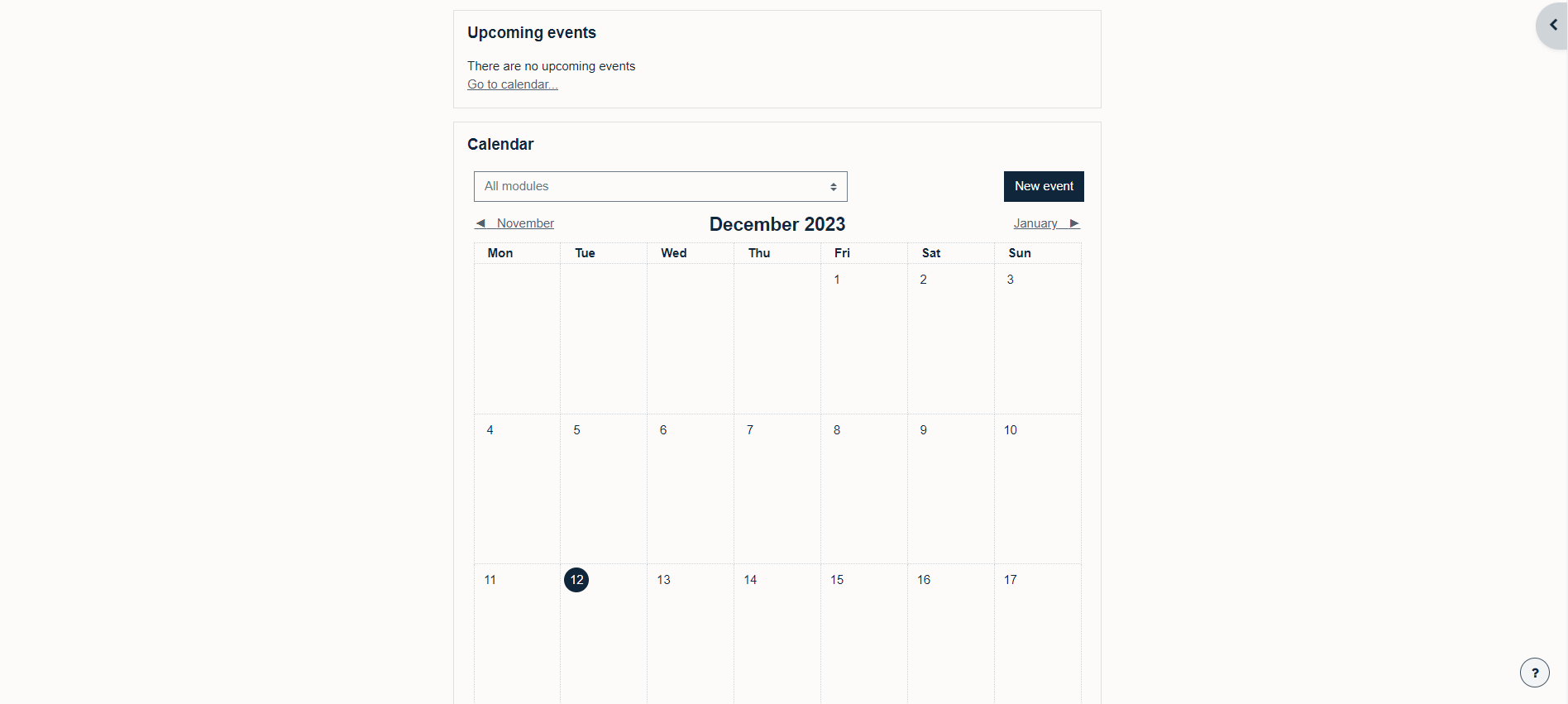 Upcoming events and calendar blocks on the dashboard