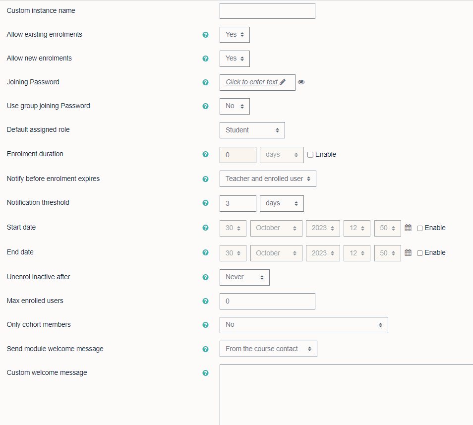 Settings for setting up new self enrolment method