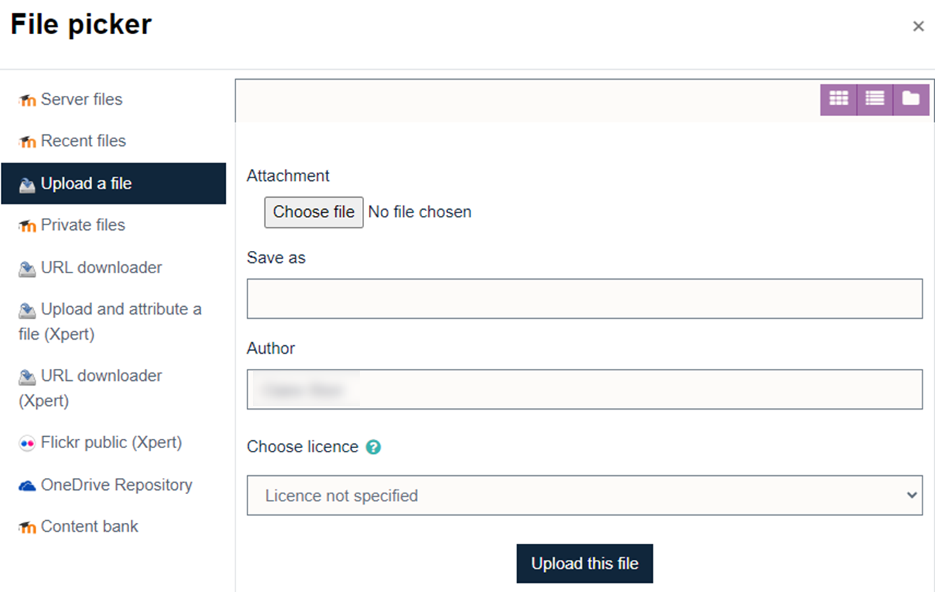 Screenshot of File picker in Moodle