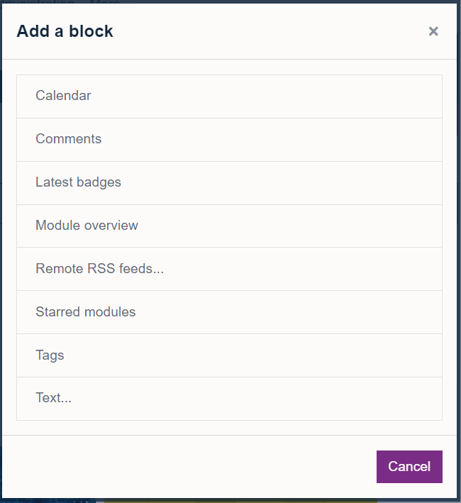 Add a block menu showing the blocks that you can add to your Dashboard