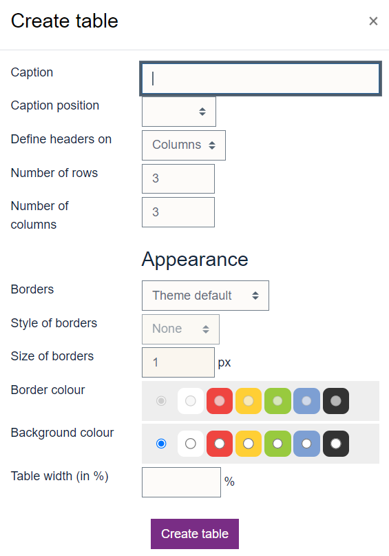 Format table options including no. of rows, columns, borders, style and size of borders, background colour and table width