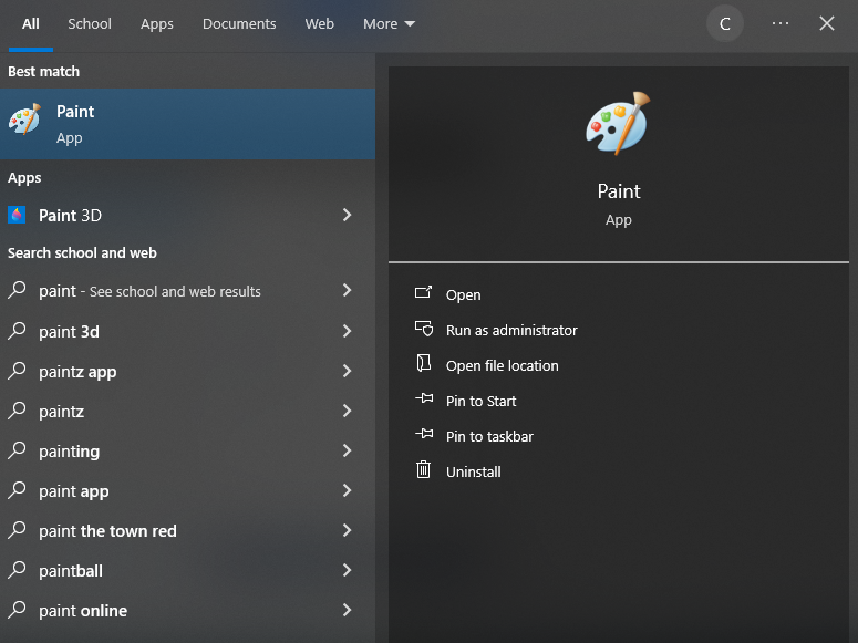 Finding paint in the windows search