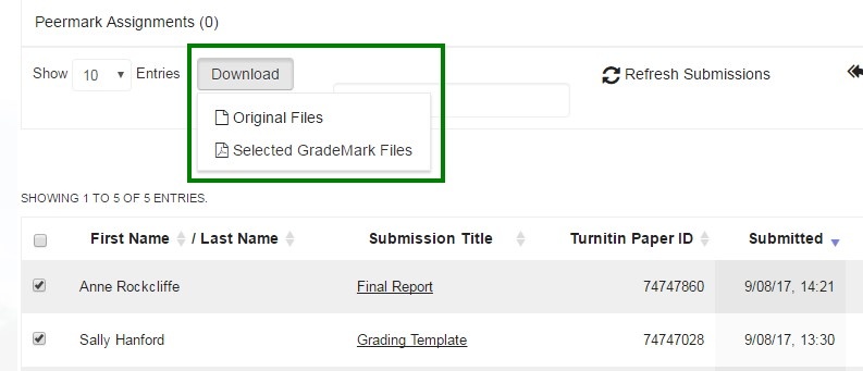 Selecting either original or GradeMark files to download