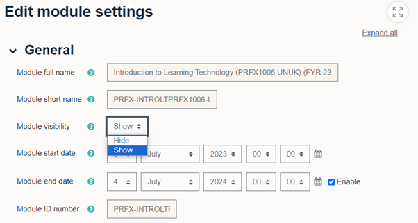 Th edit module settings section