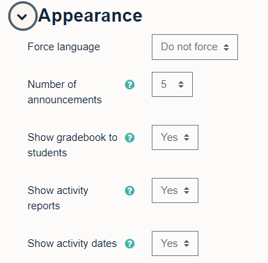 Appearance options that include 'Force language', number of announcements', 'Show gradebook to students' and 'show activity reports'