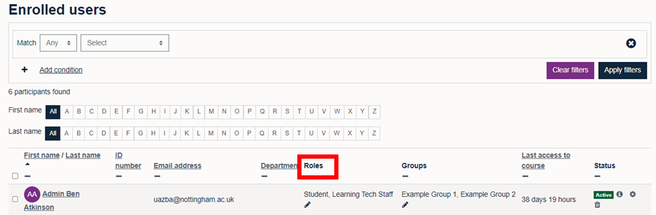 The Roles column in the participants list