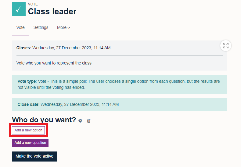 'Vote' activity with 'Add a new option' button highlighted by a red square. Below is an 'Add a new question' button and 'Make the vote active' button.