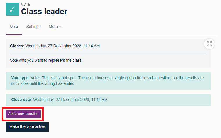 In 'Vote' there is a button to 'Add a new question' which is highlighted by a red square. Below is a 'Make the vote active' button.