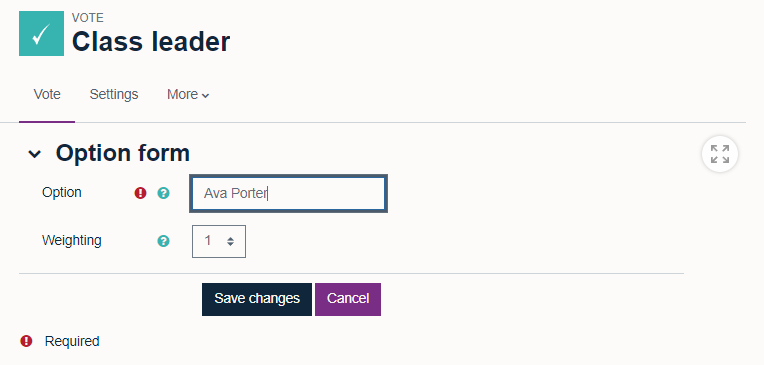 'Option form' with a text box in the 'Option' field and 'Weighting' field with a drop-down menu, showing '1'. 'Save changes' and 'Cancel' buttons below.