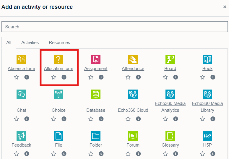 Allocation form highlighted in the activity and resources selector