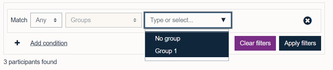 Using the filter tools to select a specific group of users in the participants section