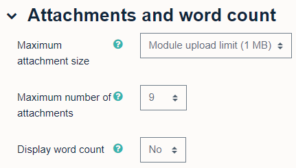 Attachment and word count settings for a new forum activity