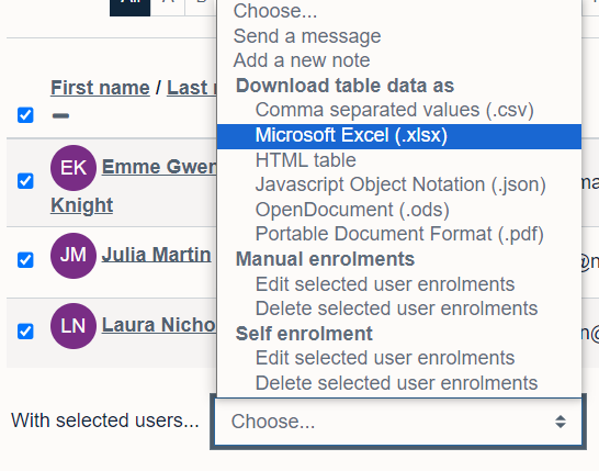 the 'with selected users' section has a drop down menu providing the option to download the participants list as an excel spreadsheet.