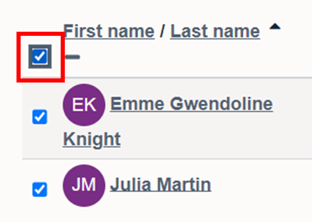 at the top of the participants list, in the first column there is the option to tick a box to automatically select all users in the list.