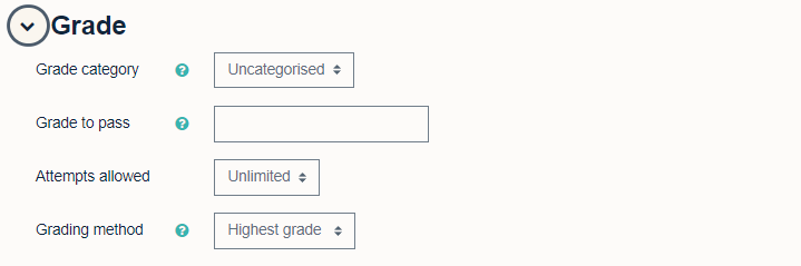 Quiz grade settings, showing 'Grade category', 'Grade to pass', 'Attempts allowed' and 'Grading method' fields.