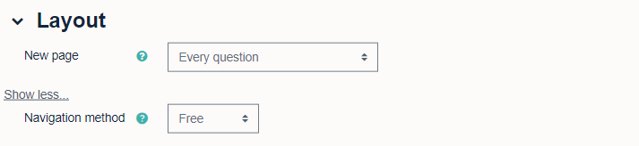 Quiz layout settings, showing 'New page' and 'Navigation method' drop down menus