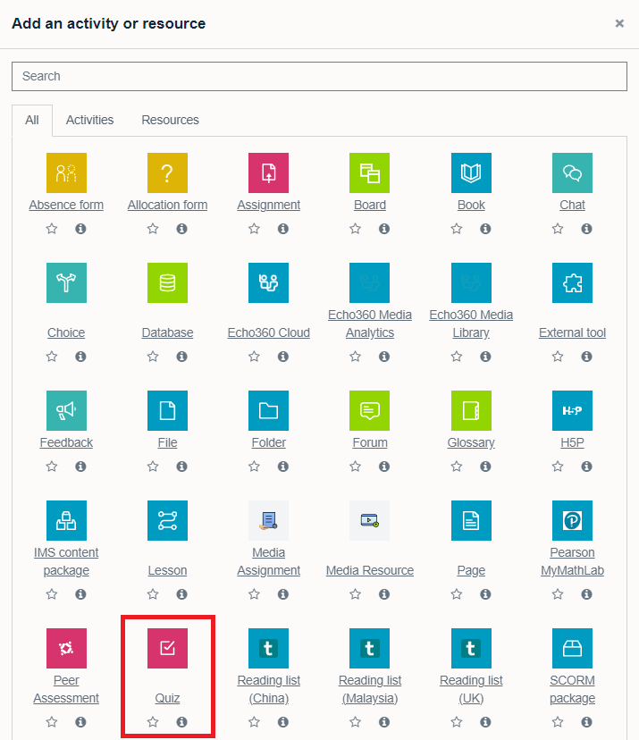 Quiz selected on 'Add an activity or resource' picker and highlighted in a red square.