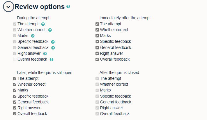 Quiz 'Review options' settings, including 'During the attempt. 'Immediately after the attempt' 'Later, while the quiz is still open' and 'After the quiz is closed' tickbox options.