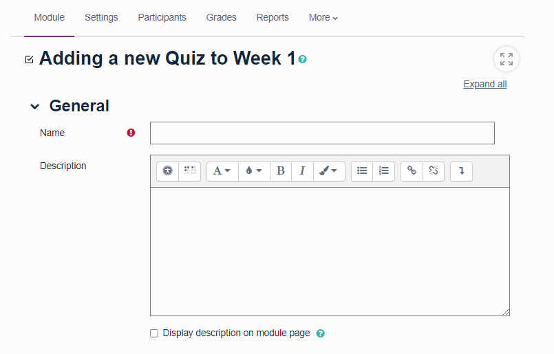 General settings for quiz showing 'Name', Description' fields and a tickbox to 'Display description on module page'.