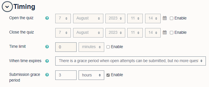 Quiz 'Timing' settings, showing 'Open the quiz', 'Close the quiz', 'Time limit', 'When time expires' and 'Submission grace period' fields.