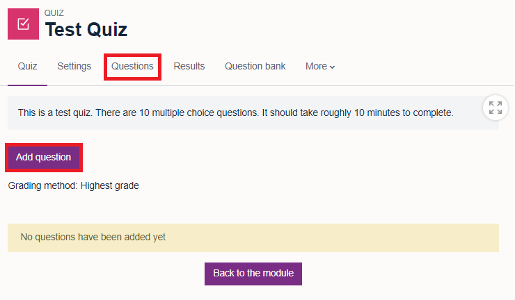 Main quiz page with add question option and 'questions' menu option highlighted in a red box