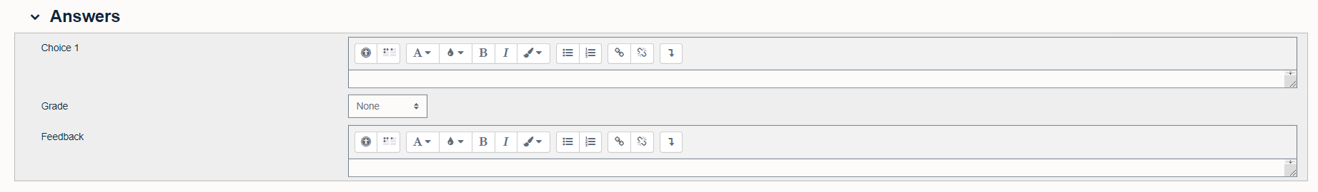 Quiz question 'Answers' with 'Choice 1', 'Grade' and 'Feedback' fields