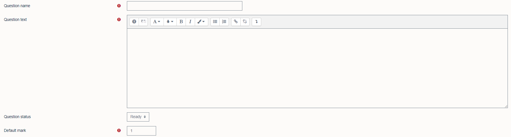 Fields for entering 'Question name', 'Question text', 'Question status' and 'Default mark'.