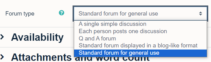 Forum type option with dropdown open