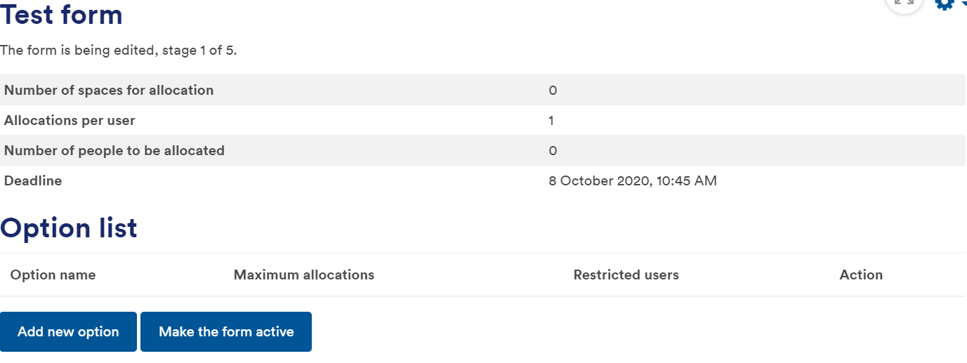 Main page for allocation form