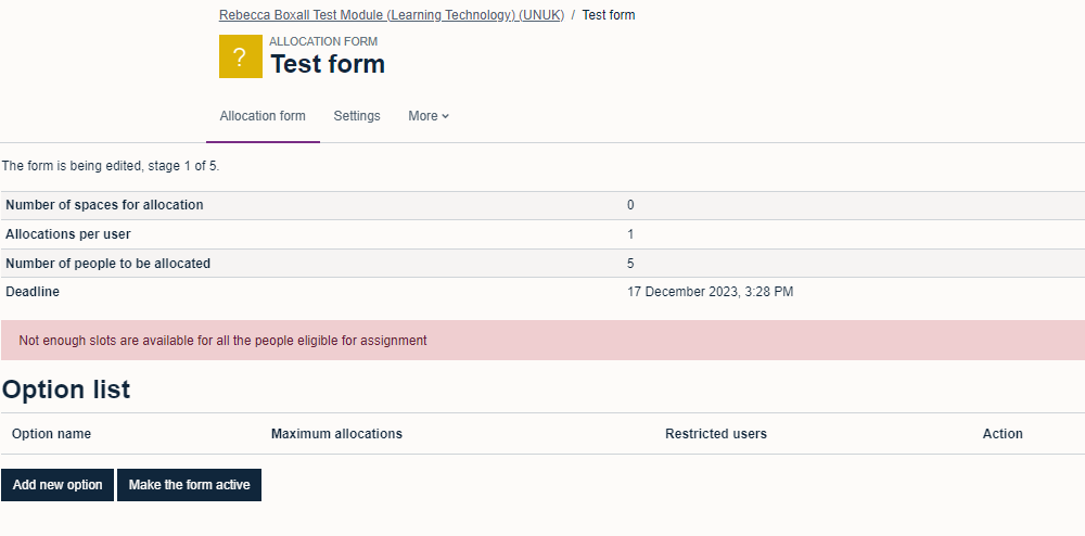 Main page for allocation form