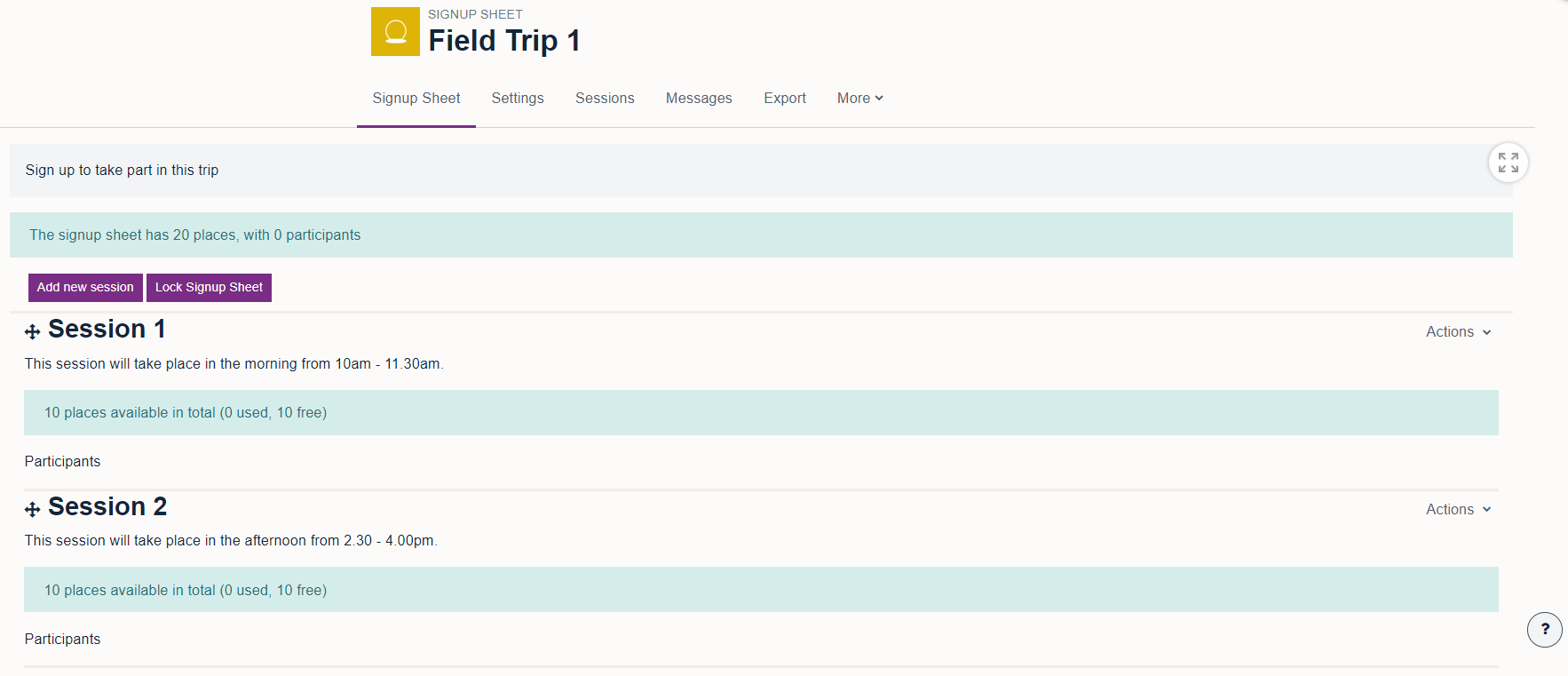 The sign up sheet activity in Moodle 4.1 showing two sessions which students can sign up to take part in