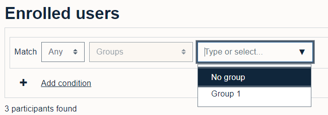 Add a group filter to the Participants list in Moodle 4.1 by selecting this from the filters section