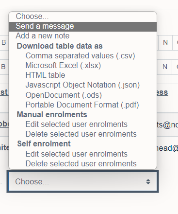 Selecting 'Send a Message' from the 'Choose...' drop down menu on Moodle 4.1 within the Participants screen