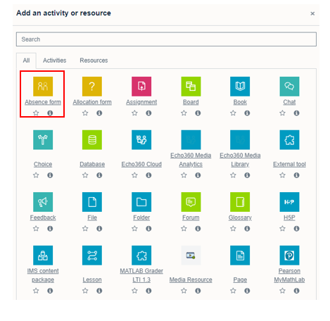 Activities and resources menu in Moodle