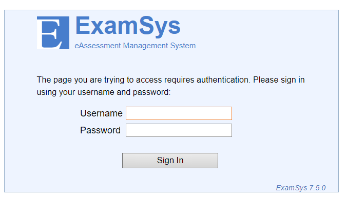 Examsys login screen