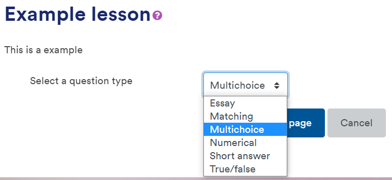 Selecting a question type for a new page.