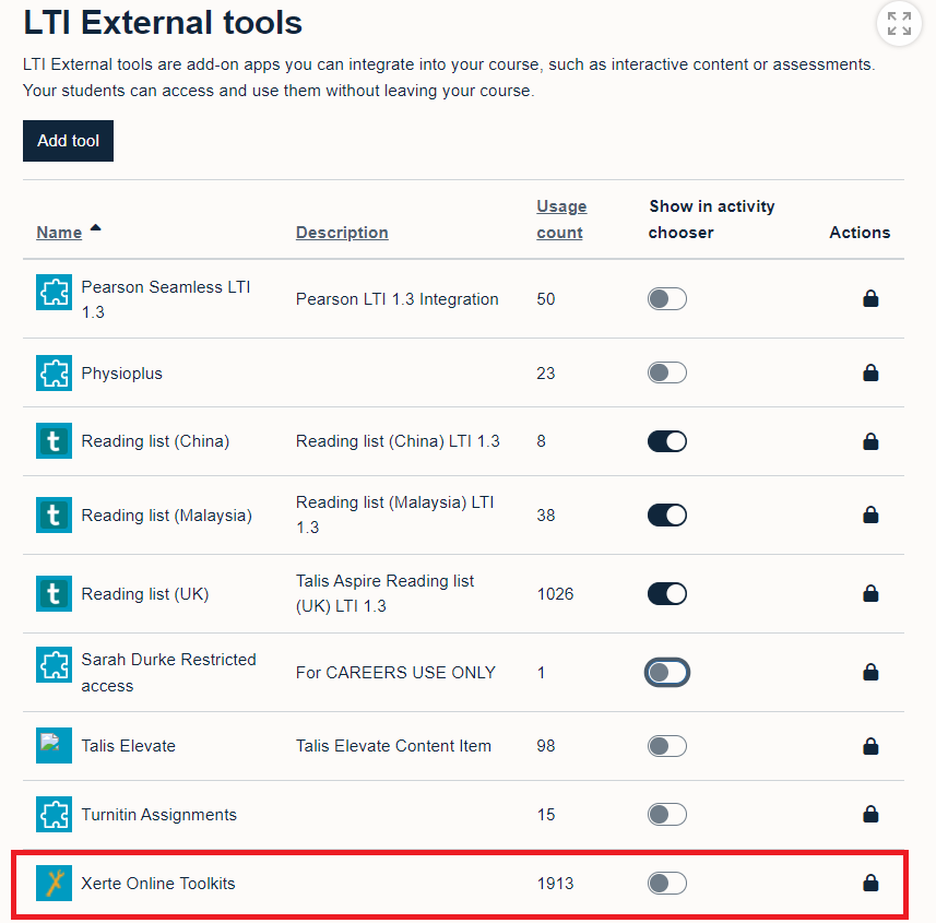 LTI External tools window showing Xerte highlighted