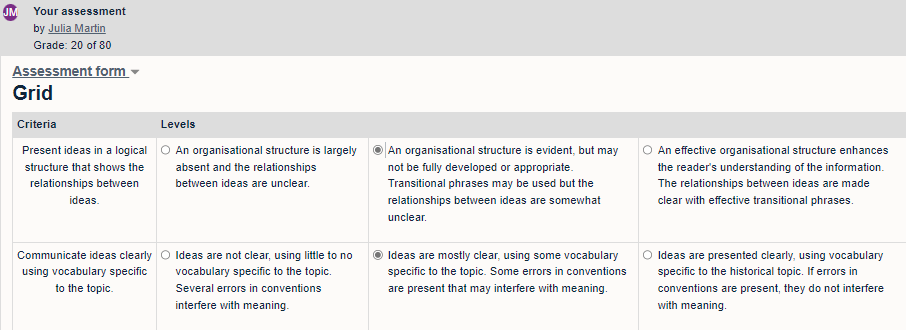 An example rubric with example criteria and levels