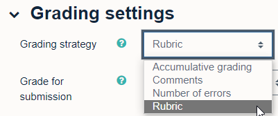 Grading strategy drop down showing Rubric option selected