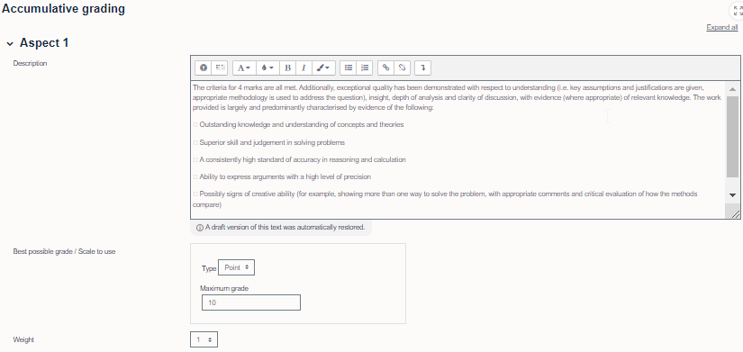 workshop accumulative grading aspects