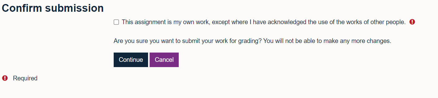 Students asked to confirm their submission in the Moodle Assignment