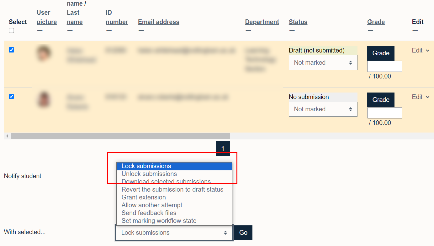 Lock submissions to prevent any students from resubmitting their work