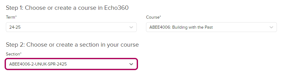 Selecting term, course and section for an echo360 activity