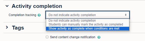 Settings for completion tracking for a resource or activity