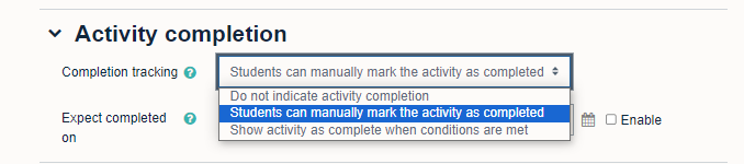 Setting for Students can manually mark this activity as completed