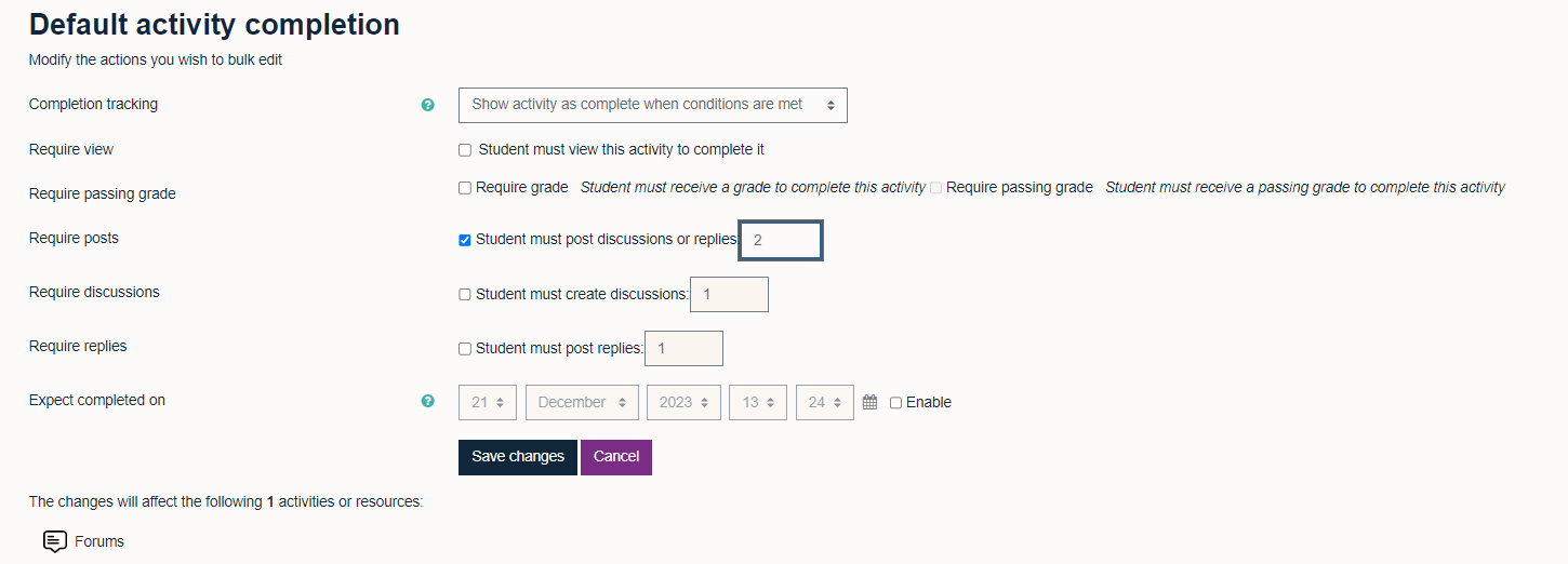 Forum activity completion settings