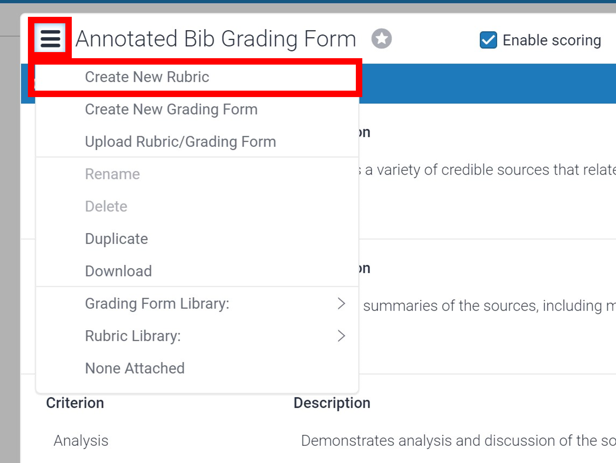 The dropdown menu to create a new rubric