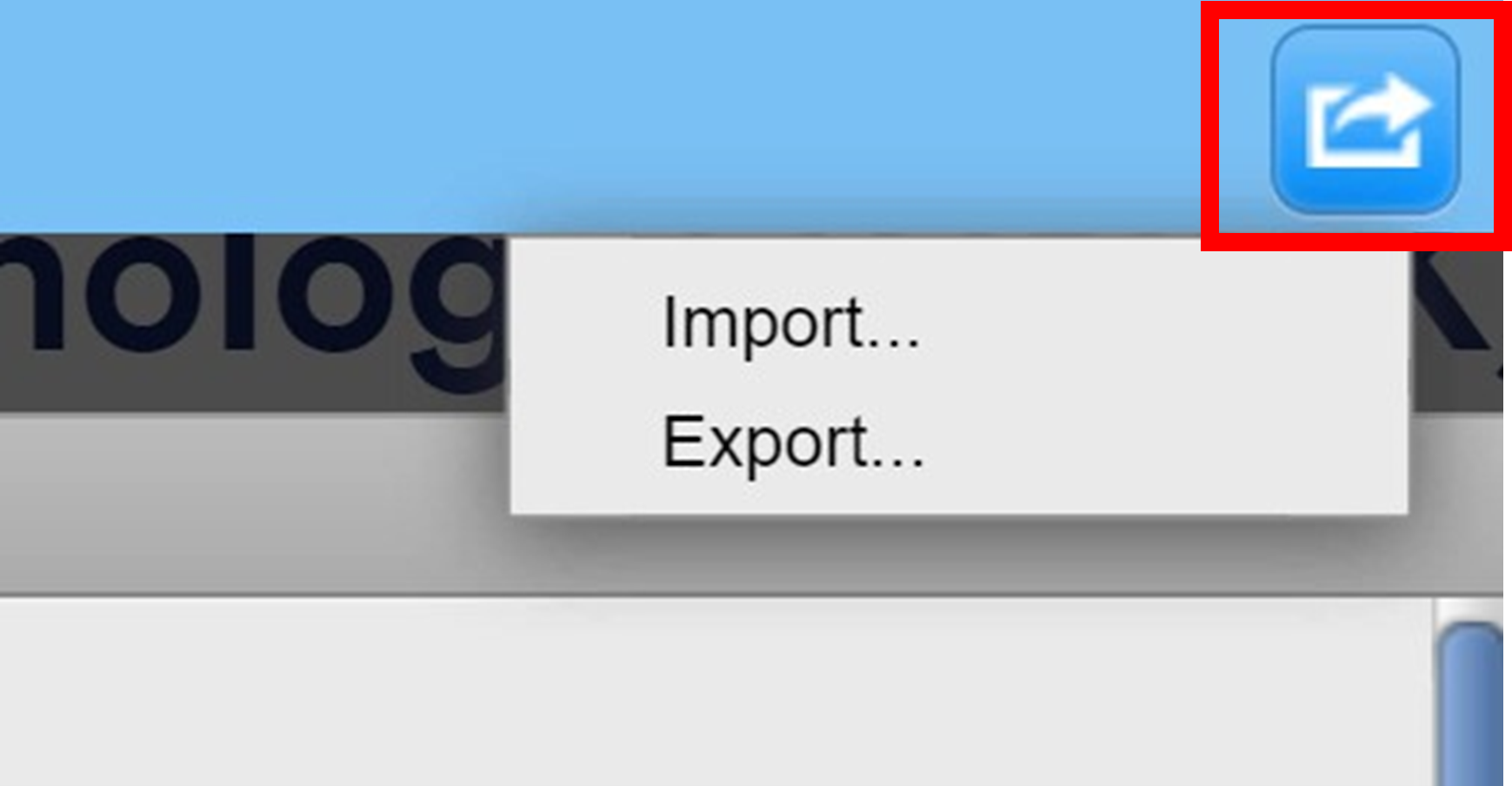 The import export dropdown menu