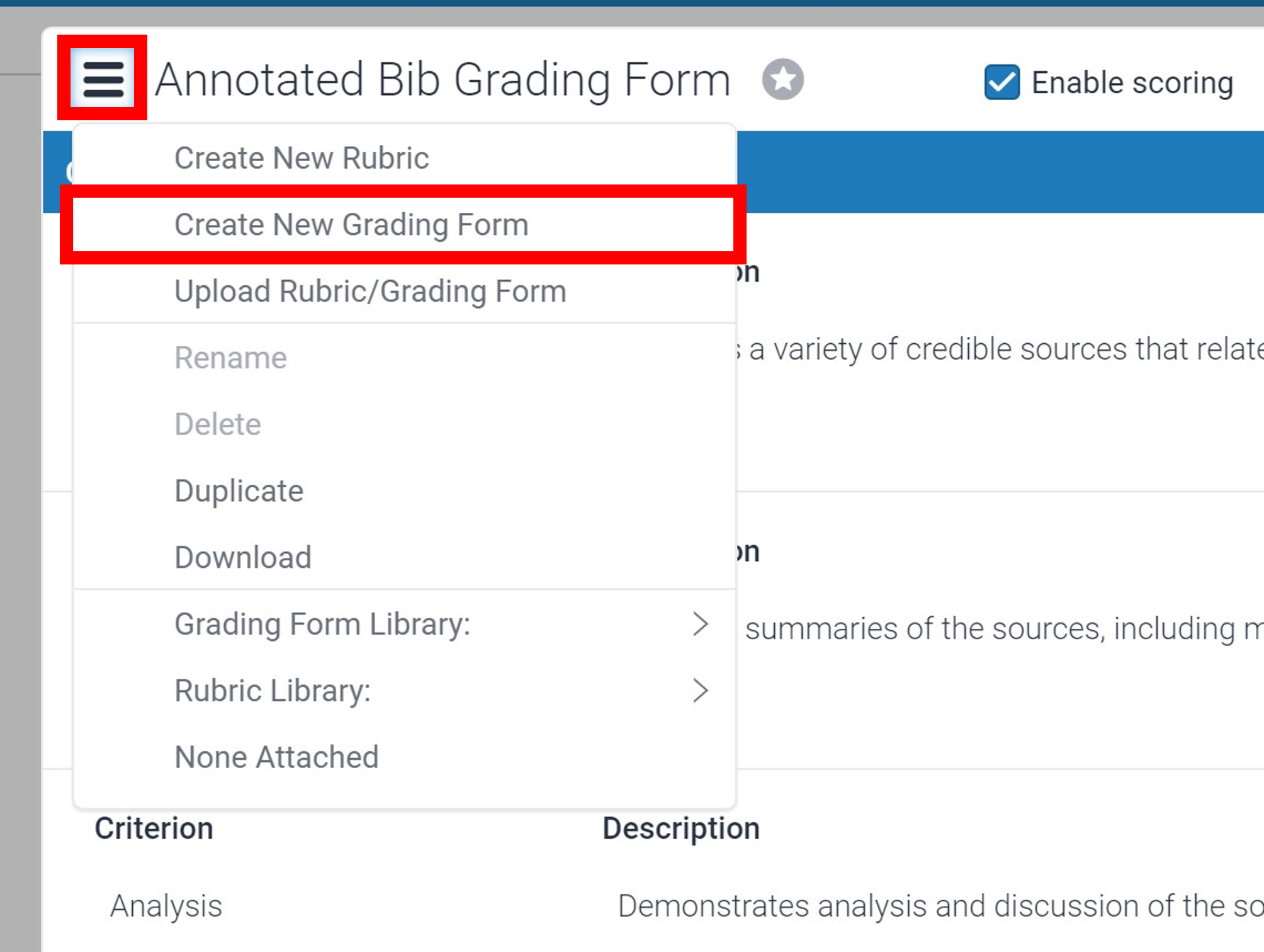 The dropdown menu to create a new grading form