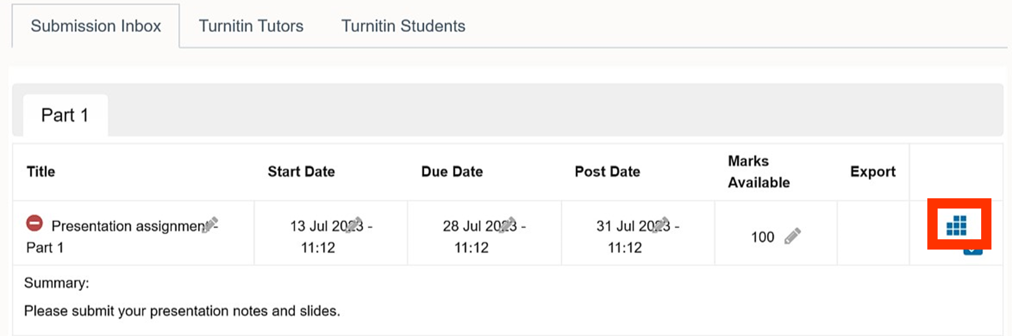 The submission inbox showing rubric manager icon in the far right column.